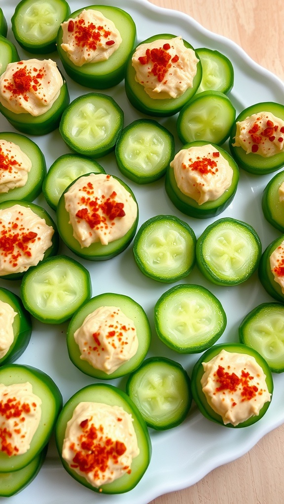 A refreshing platter of cucumber bites with hummus, garnished with smoked paprika.